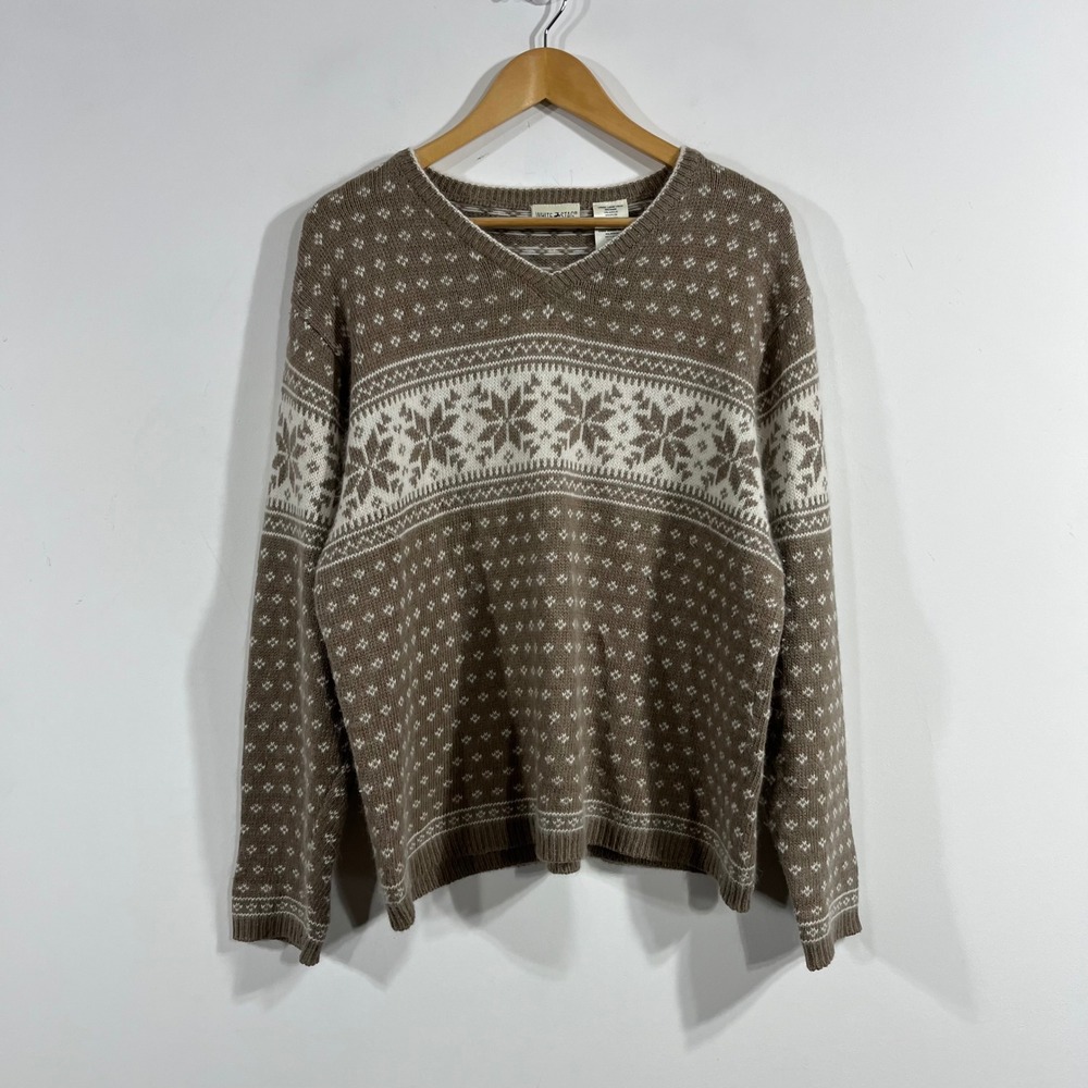 White Stag VTG Nordic Brown Fair Isle Snowflake Sweater Angora Womens Large 90s